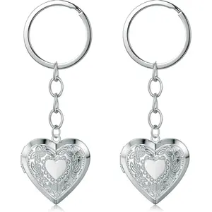 2PCS Elegant Heart Locket Keychain with Decorative Chain Stainless steel, Heart Pattern Design, Photo Frame Pendant