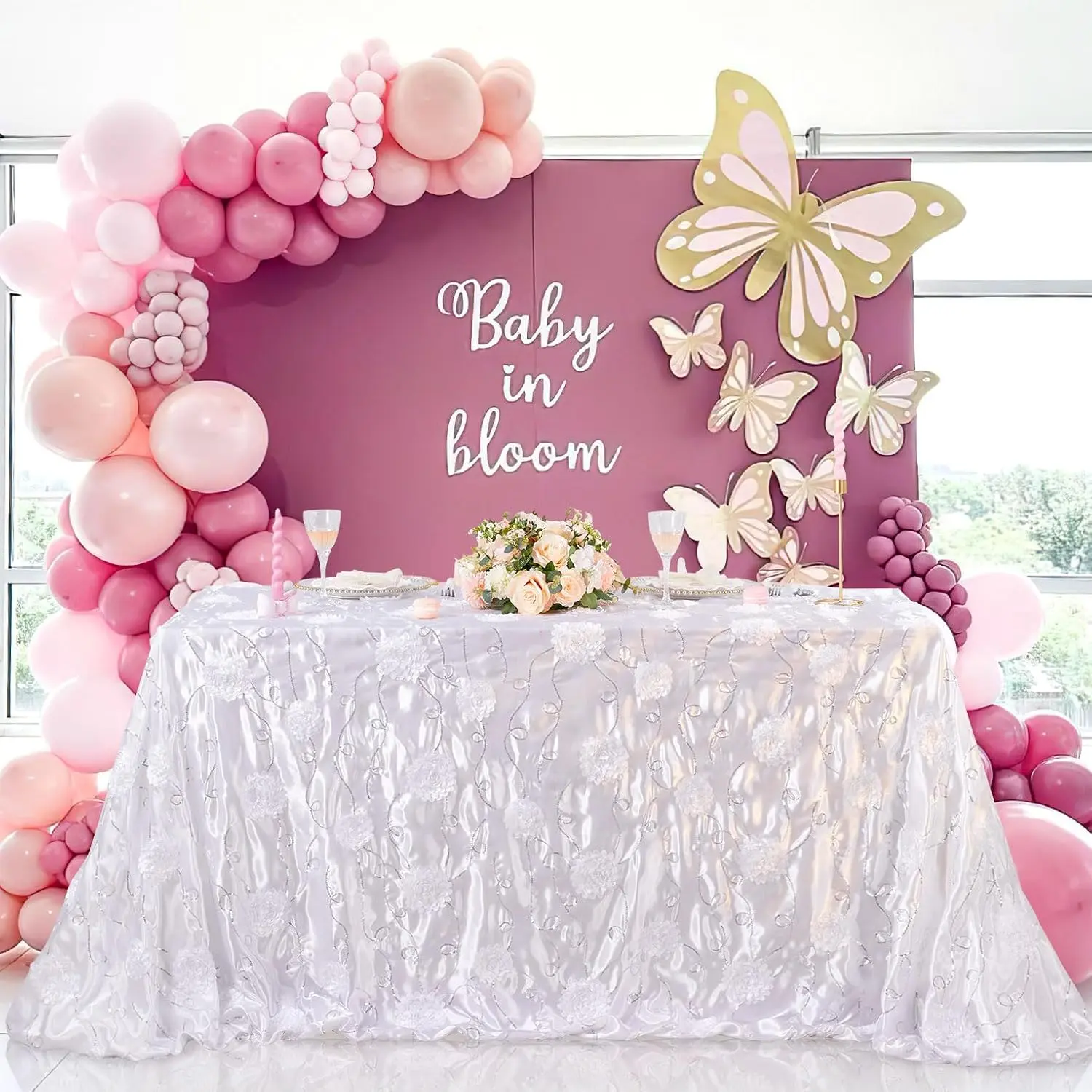 Fanqisi Rectangle Tablecloth White Raised Rosette Vintage Satin Tablecloths 60x102 Inch Birthday Table Cover for Wedding Anniversary Outdoor Ceremony Party Decorations