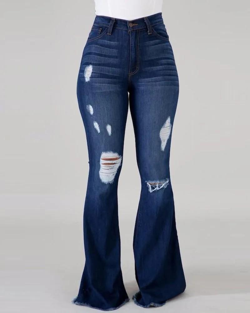 High-pop ripped jeans high-waisted sexy fashion floor-length flared pants