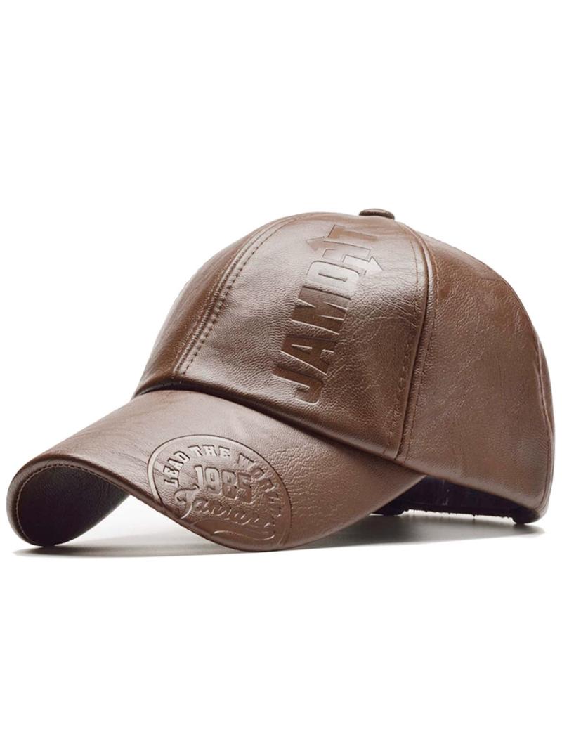 Trendy Cool PU Leather Letter Print Texture Baseball Cap, Outdoor Adjustable Casual Sun Protection Sports Cap, Autumn and Winter Travel Travel Seaside Party Accessories, Unisex