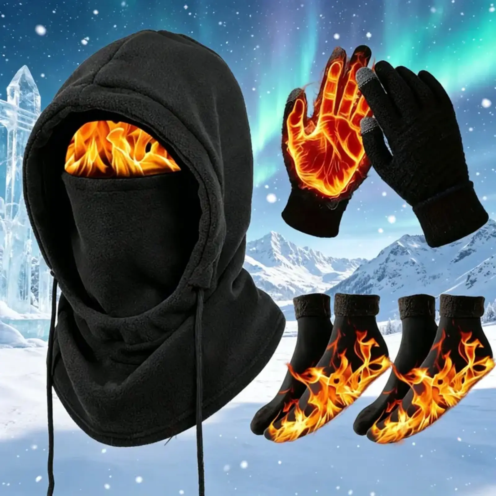 Unisex Adult 3-4 Piece Plain Winter Warm Multi-Pieces Outdoor Wear Set - Windproof Full Face Cover Ski Mask Balaclava, Hooded Jacket, Gloves, Thermal Socks, Ski/Cycle Ready Extreme Cold Gear, Hand Washable Ideal Gift
