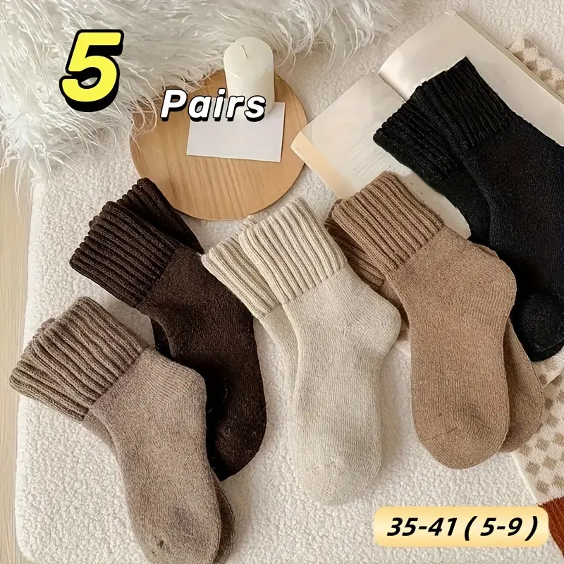 Women's Solid Color Thick Towel Lined Winter Socks, High Rib Cuff Bubble Knit Thermal Socks, Soft Plush Warm Leisure Socks for Indoor Daily Wear 5 Pairs