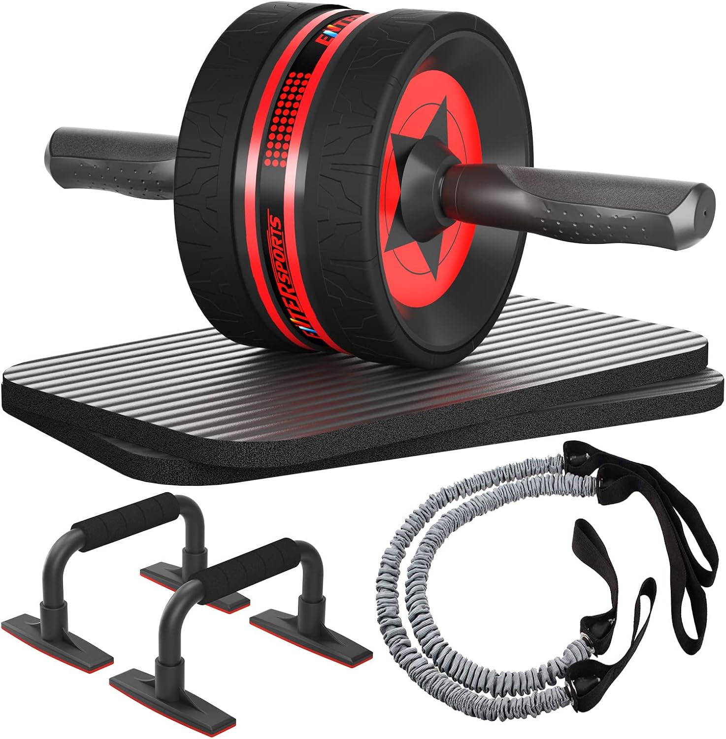 AB Wheel Roller, 6-in-1 Exercise Roller Wheel Kit with Knee Pad, Resistance Bands, Pad Push Up Bars Handles Grips, Perfect Home Gym Equipment for Men Women Abdominal Roller (Red)