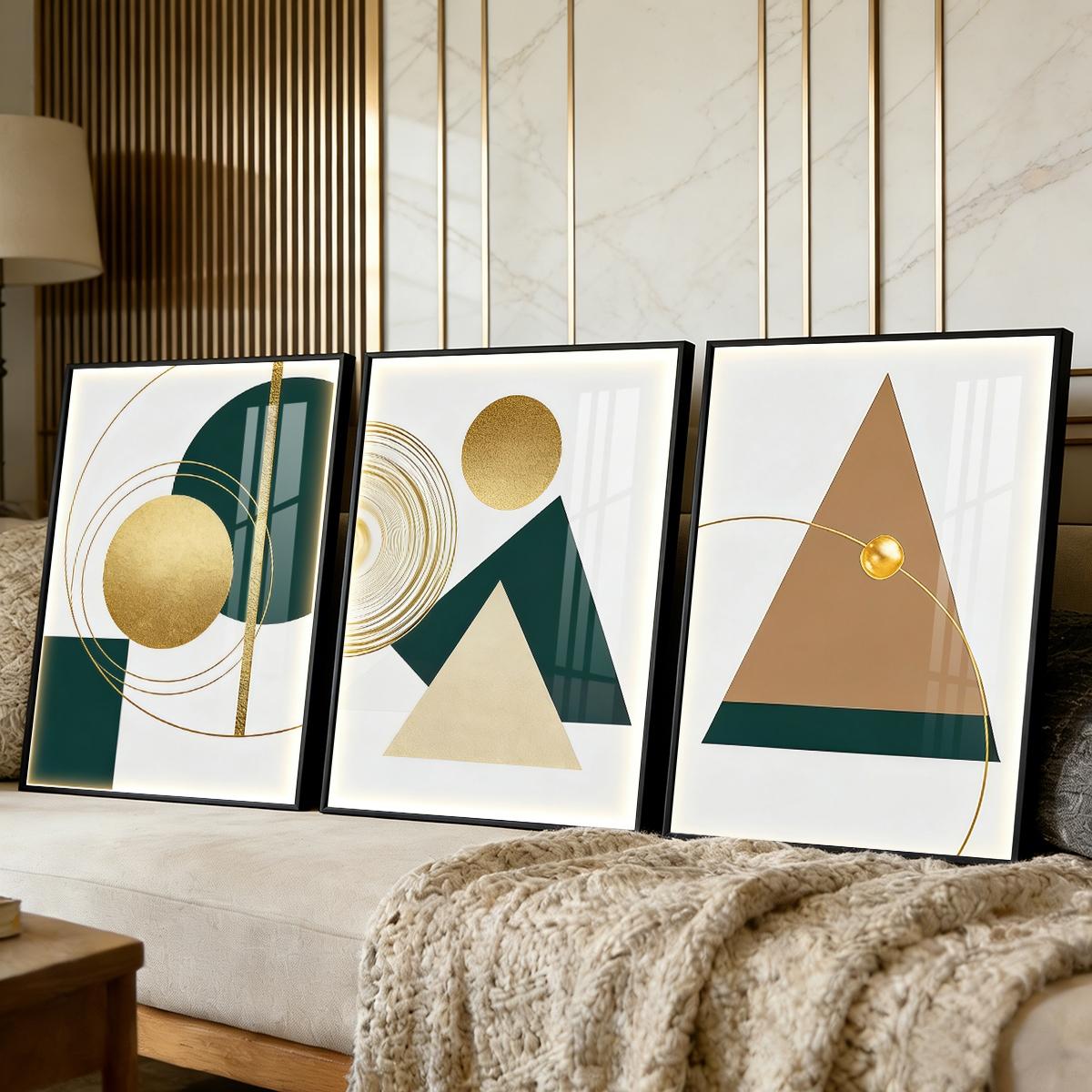 3 Counts Aluminum Alloy Framed Painting, Geometric Gold And Green Abstract Shapes Pictures, Home Decoration For Living Room, Bedroom, Office, Restaurant, Hallway Wall Decor, Odorless Print Artwork, Luxury Perfect Gift For Friends And Family