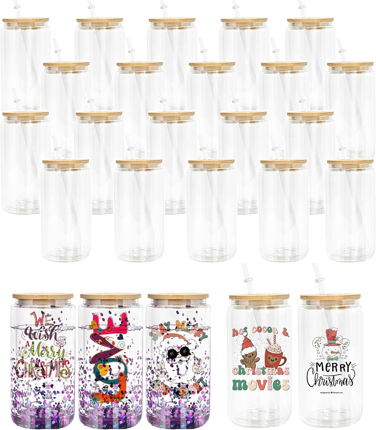 AGH 25pcs 16 oz Snow Globe Glass Tumbler Double Wall Glass 16 oz Cups with Lid Juice Cold Coffee Can with Pre Drilled Hole Plug Mugs Bottles Drinkware
