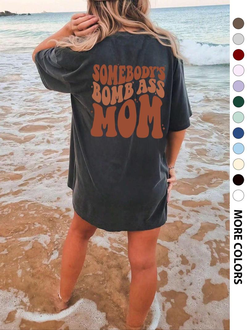 Women's Letter & Cartoon Face Print Drop Shoulder Tee, Casual Half Sleeve Round Neck T-Shirt for Daily Wear, Ladies Clothes for All Seasons