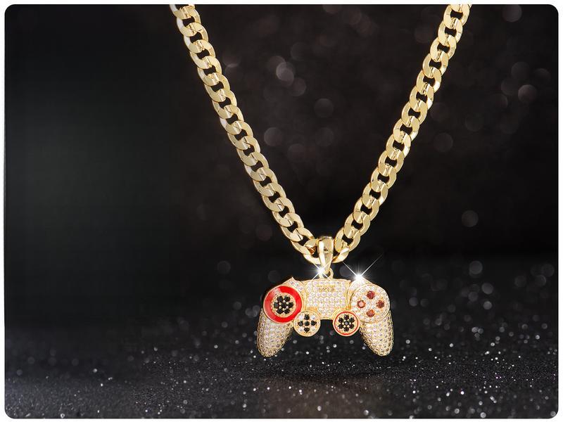 14K Real Gold-Plated Game Controller Necklace, Sony-Inspired CZ Diamond Pendant, 24" Rope &  Cuban Chain, Hip Hop Jewelry Gift for PlayStation Fans
