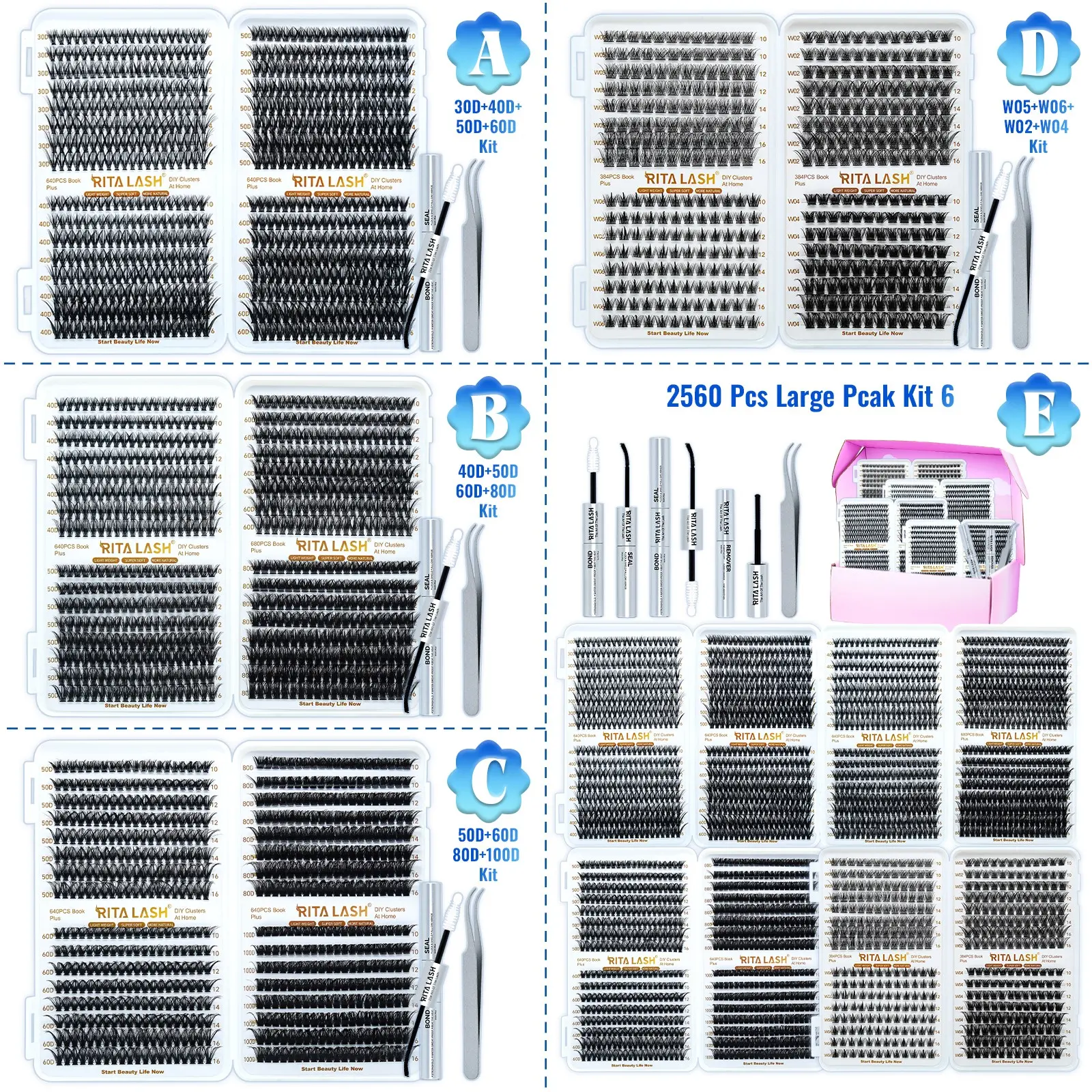 RITA 2560/640PCS Lash Extension Kit Thick Eyelash Extension Kit 10-16mm Volume Lash Clusters 30D+40D+50D+60D+80D+100D+W05+W06+W02+W04 Individual Eyelashes Kit with Lashes Bond, Lash Tweezers, DIY Lash Extension