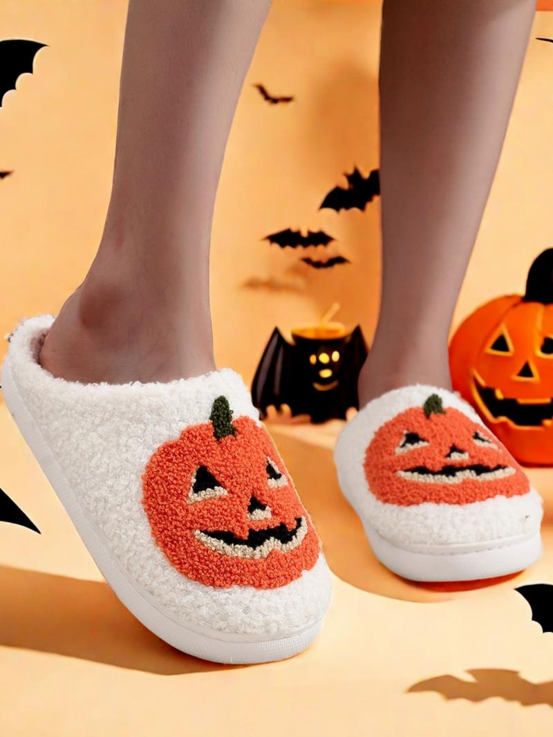 Women's Cartoon Pumpkin Pattern White Slippers, Casual Soft Comfortable Home Slippers, Warm Lightweight Slipper for Indoor & Outdoor Useas Birthday Gifts Halloween, Girl, Footwear