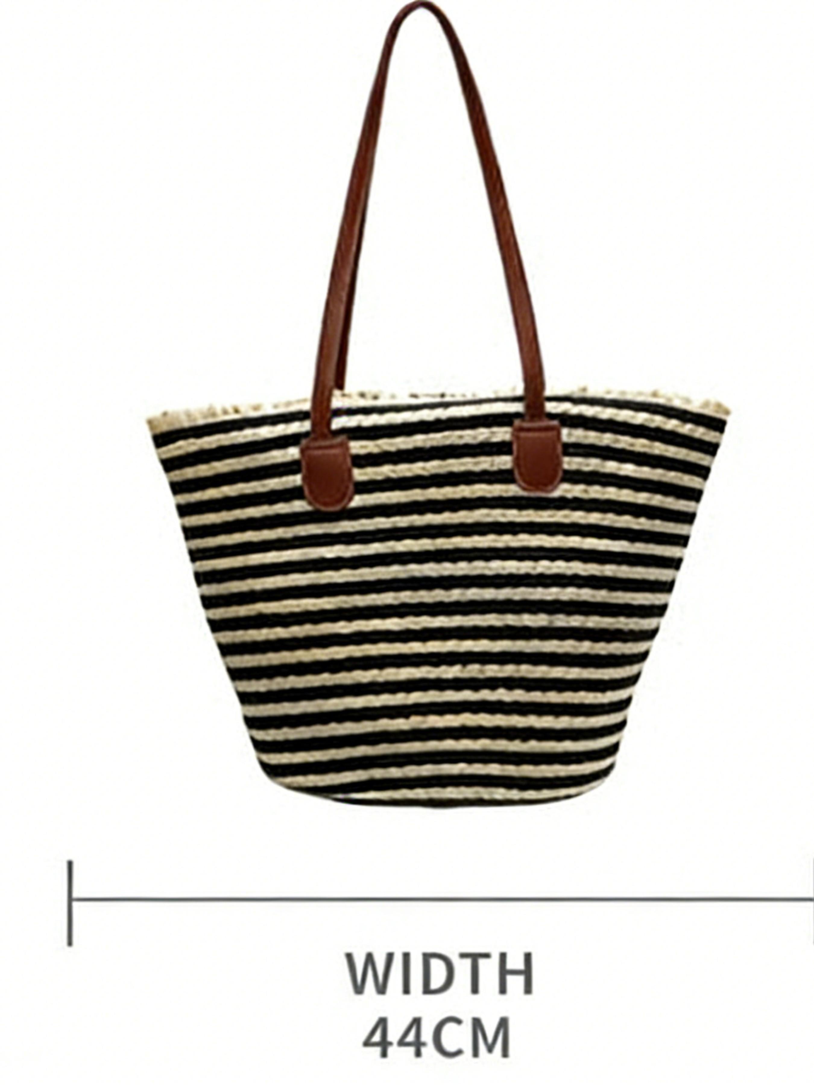 2026 New Casual Simple Large Capacity Bag, Beach Vacation Straw Basket Bag, Striped Shoulder Tote Bag, Elegant Style