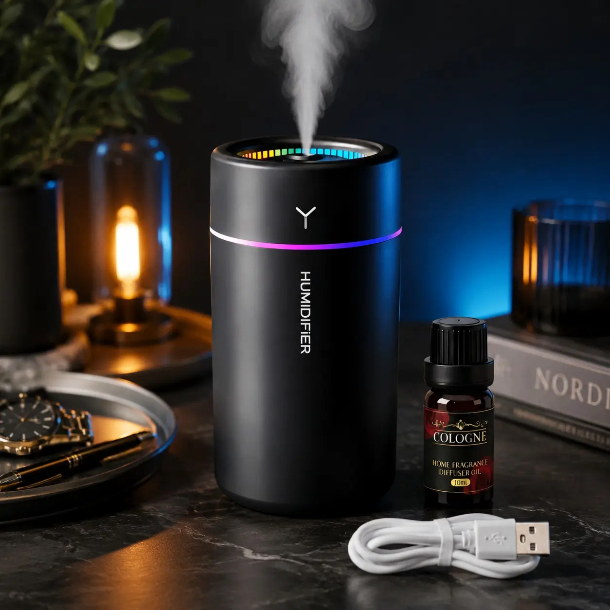 USB Powered 7 Color Light Aromatherapy Humidifier, Car Scent Diffuser, Add Essential Oils, Ideal for Home, Car, Office