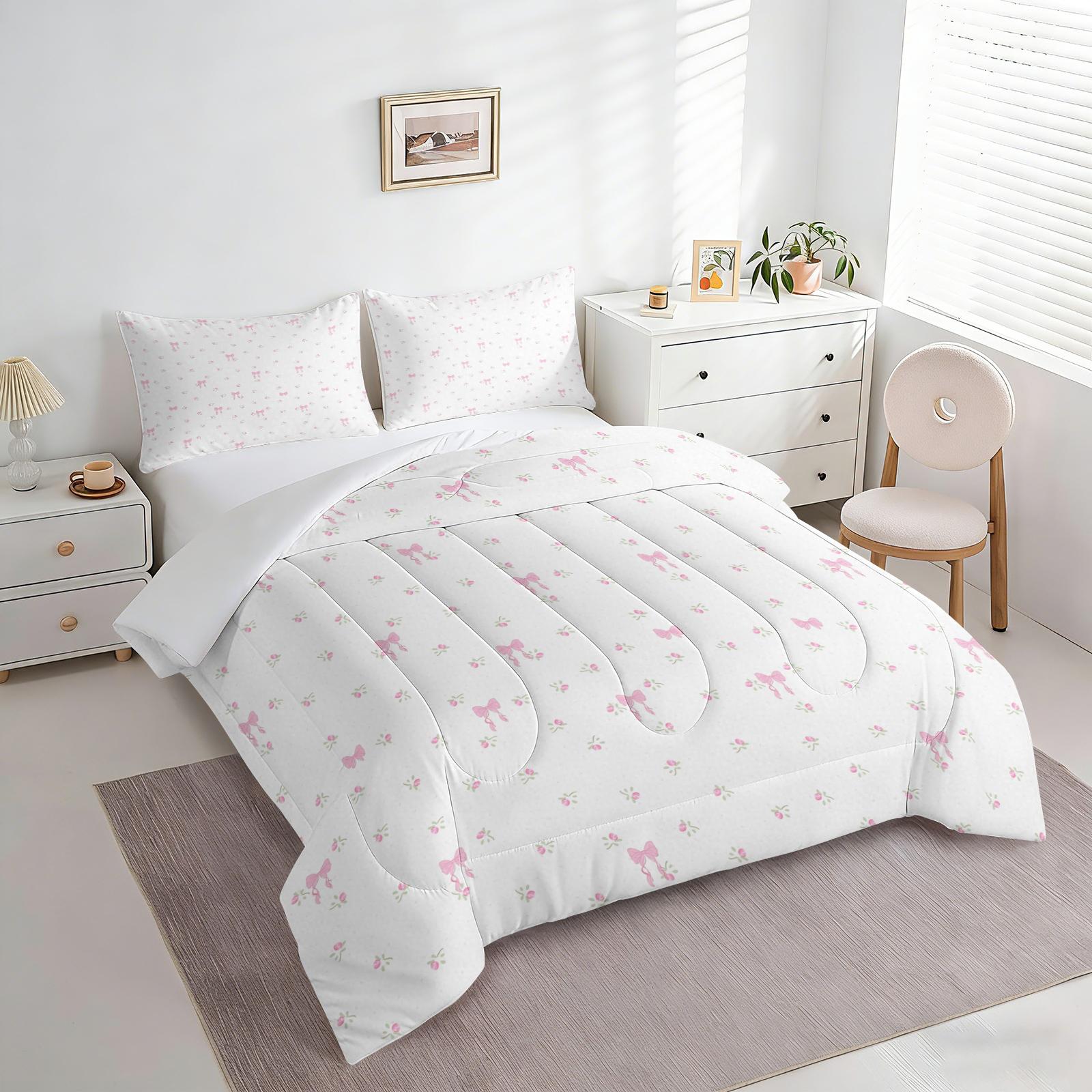 2/3Pcs Black Bow Print Comforter Set, Soft Microfiber Bedding Set with Pillowcases, Coquette Aesthetic Quilt, All Season Lightweight Digital Printed Bed Set for Girls Teens Bedroom Decor