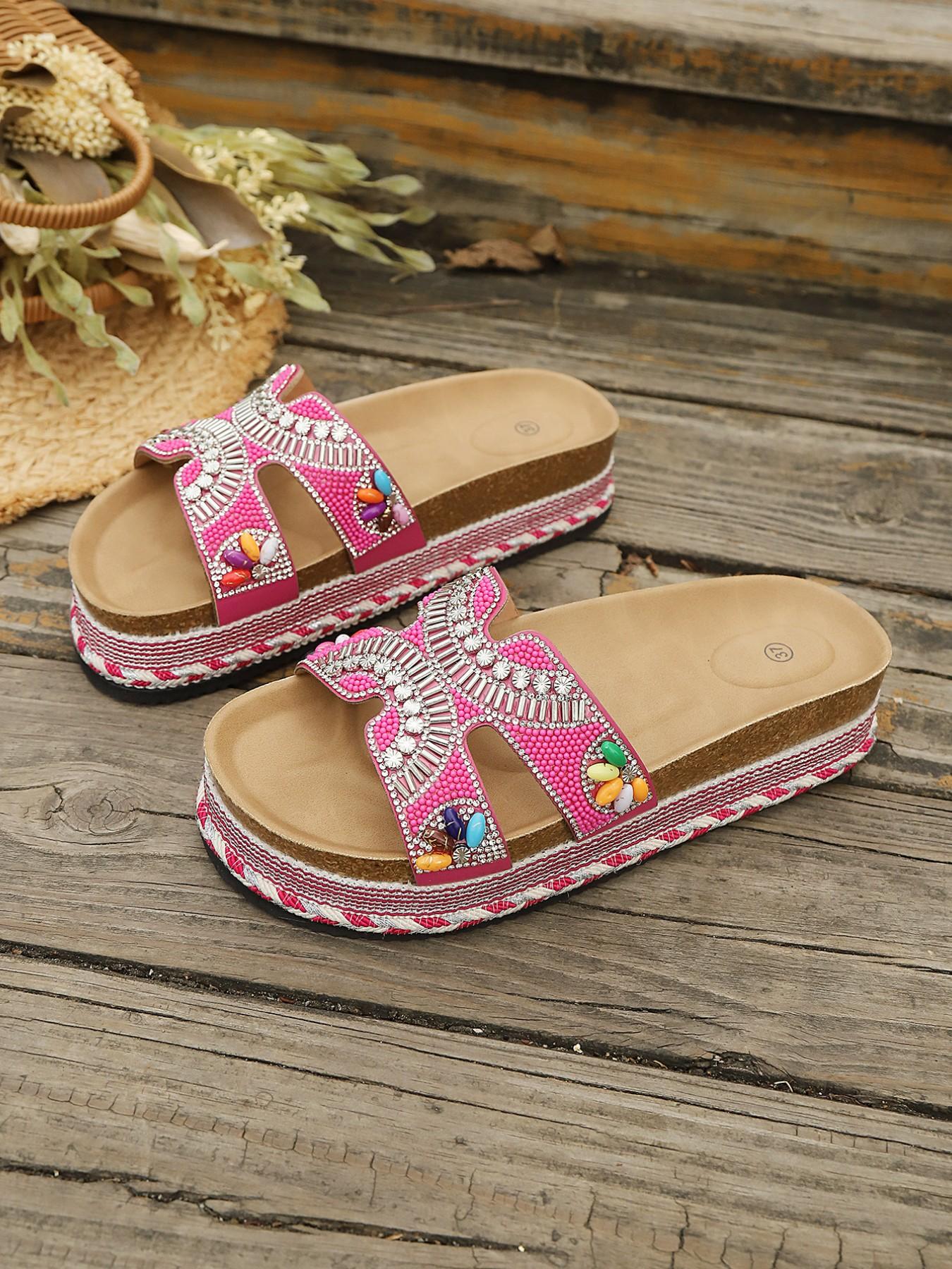 2026 Summer New Pearl Rhinestone Thick Sole Sandals Women, Fashion Ethnic Style Slip-On Shoes, Comfortable Outdoor Wear