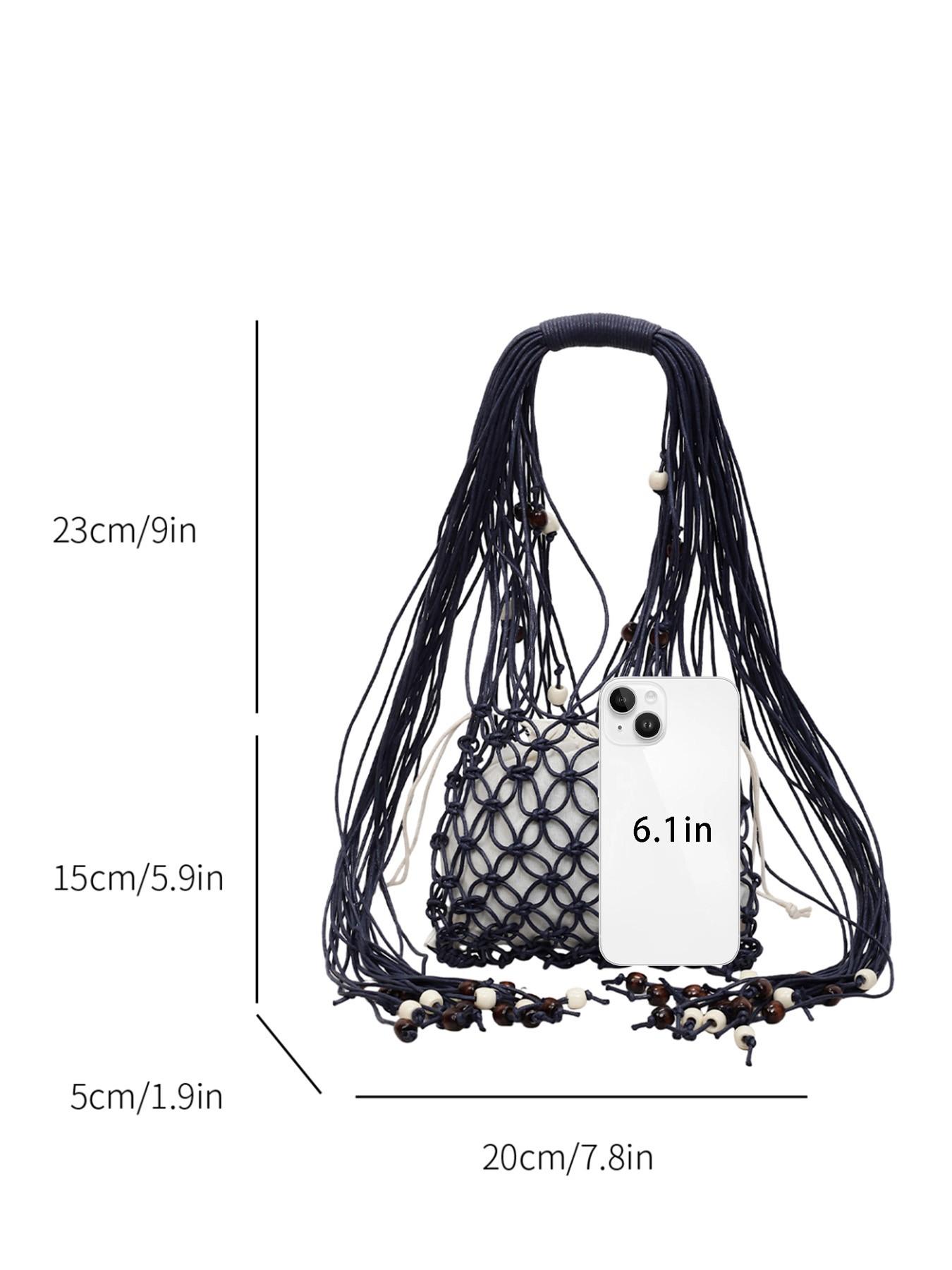 1pc Boho Macrame Fringe Shoulder Bag for Women, Handwoven Beaded Net Tote with Drawstring Lining, Summer Beach Woven Hobo Handbag