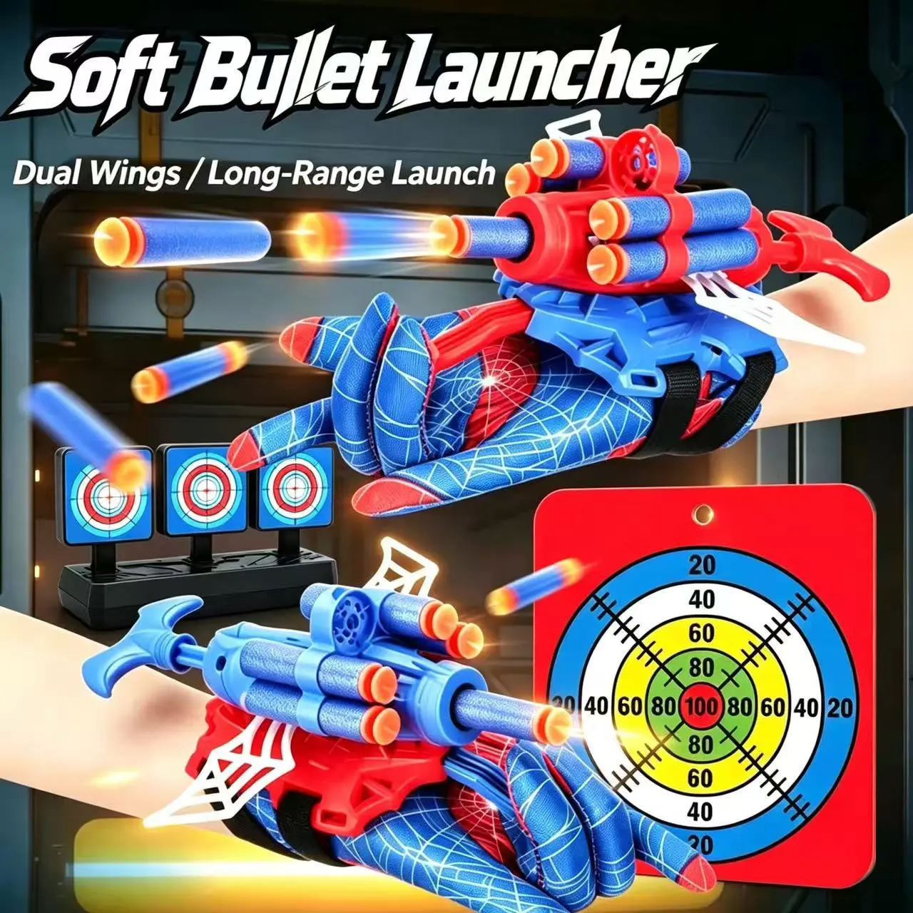 Hero Wrist Spider Launcher with Wings, Tech Projectile Toy, Dual Launchers, 20 Foam Suction Darts, Soft Dart Targets, Return Dart Targets