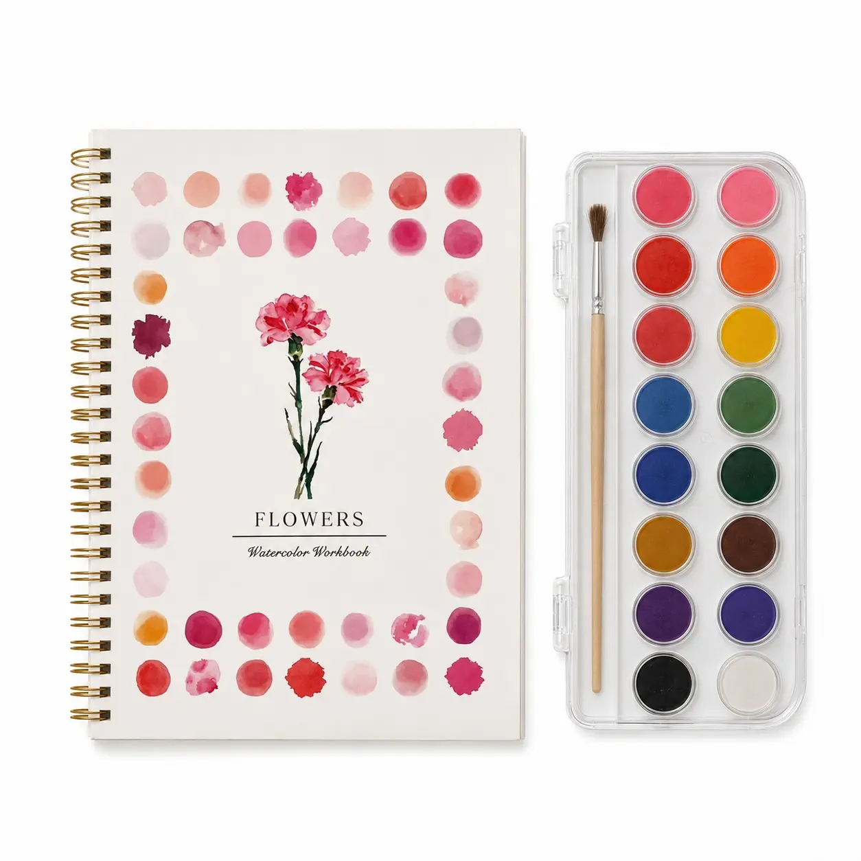 12 Floral Watercolor Painting Set, 16 Solid Colors, Includes Brushes, Spiral Notebook, Ideal for Kids and Beginners