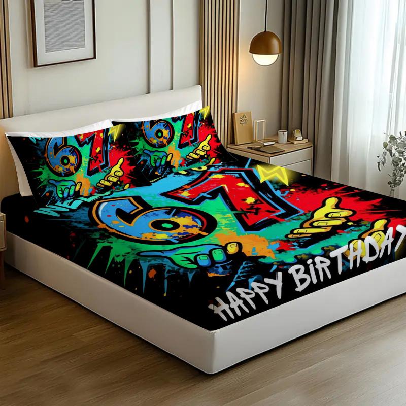 67 "six sev" printed pattern bed sheet set of 3 pieces, including 1 bed cover and 2 pillowcases, all season mattress protection cover, bed sheet, soft and comfortable deep mouth design, breathable bedding, bedroom and guest room decoration, detachable