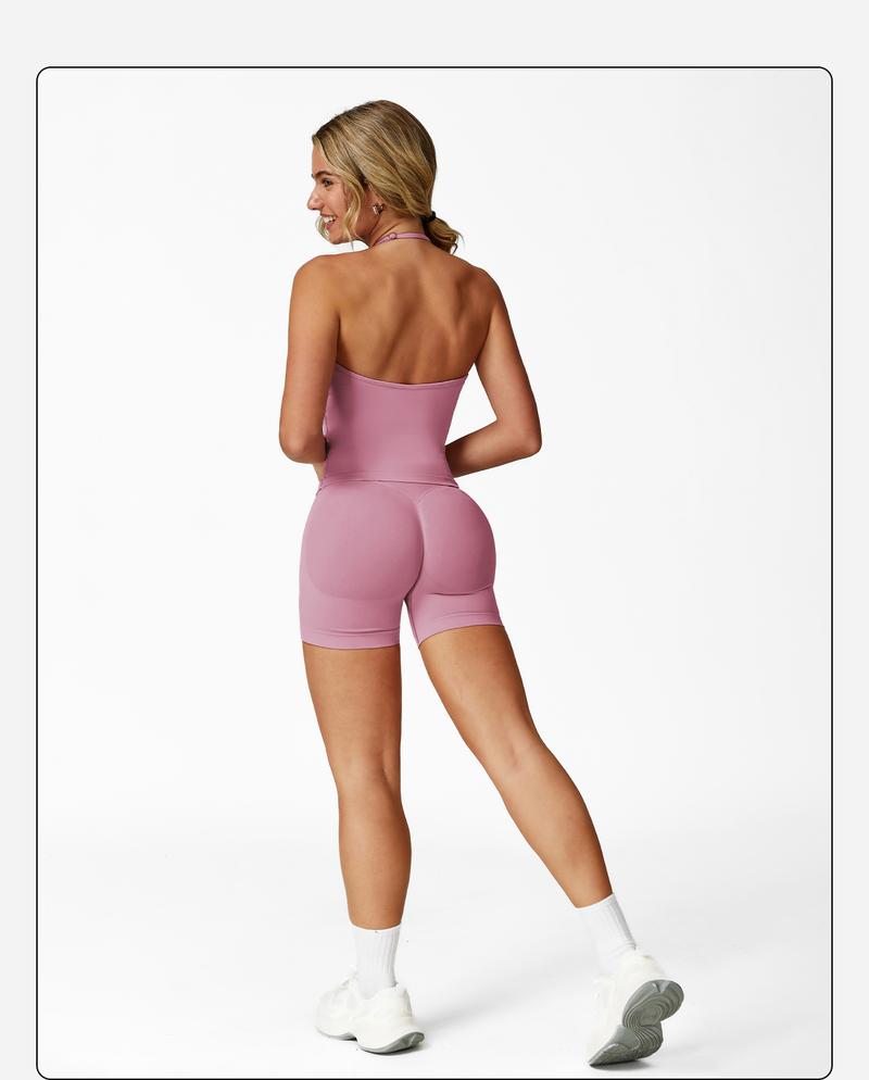 Women's Solid Color Crop Cami Top & High Waist Skinny Shorts Sportswear Set, High Stretch Casual Comfortable Breathable Backless Sleeveless Top & Gym Shorts for Yoga Gym Workout Running, Ladies Sportswear for All Seasons, Tennis Attire, Athletic Tracksuit