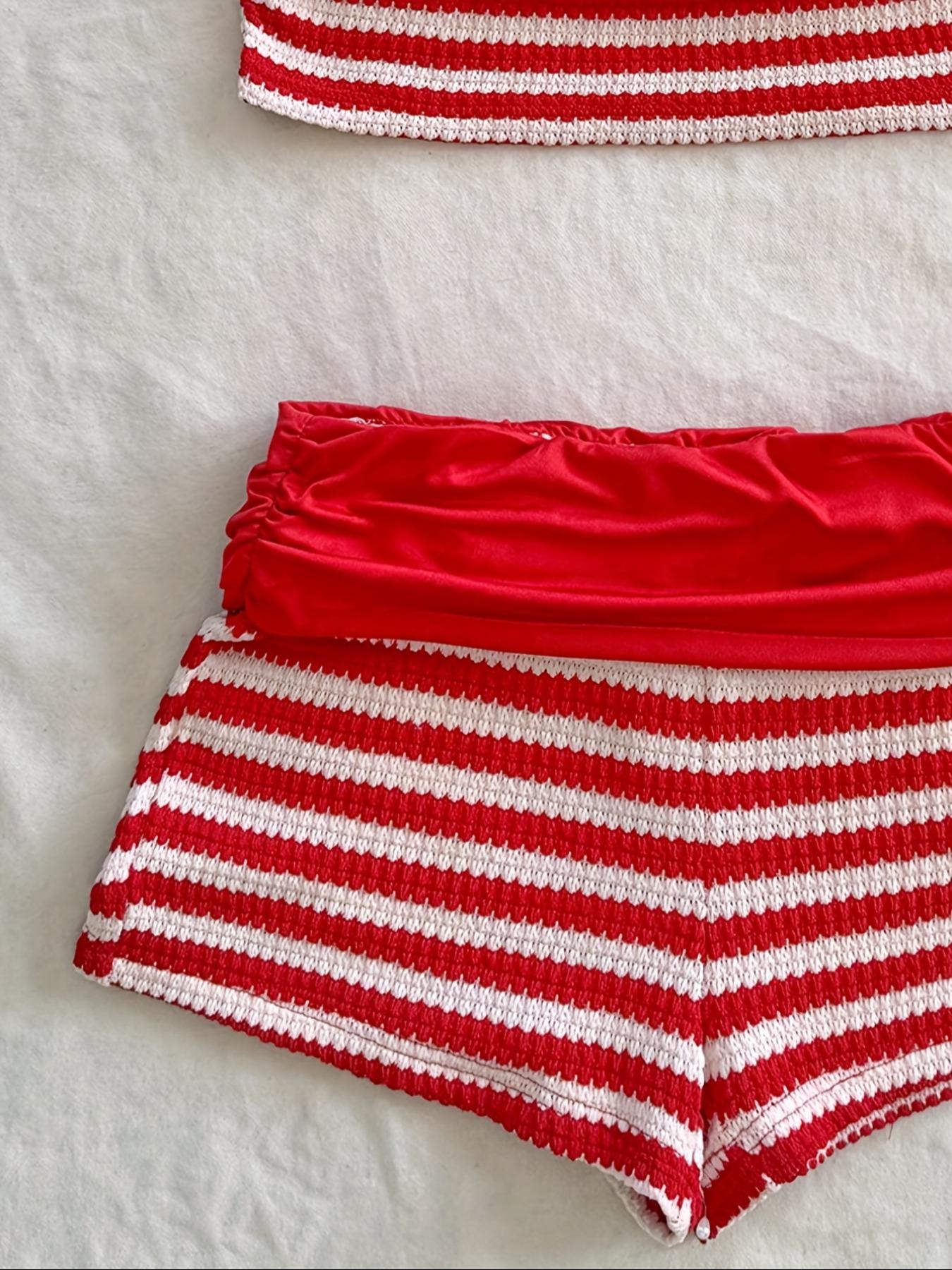 Two-piece Set Women's Striped Print Tube Top & Shorts, Casual Top & Shorts for Beach Vacation Holiday, Ladies Two-piece Outfits for All Seasons, Clothes, Womenswear, Summer Sleep Set