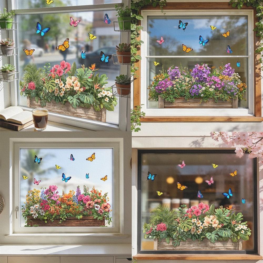 Home Floral Glass Stickers, Butterfly Plant Landscape Static Stickers, Decorative Stickers, Bathroom Bedroom Living Room Window Decor, Reusable Adhesive