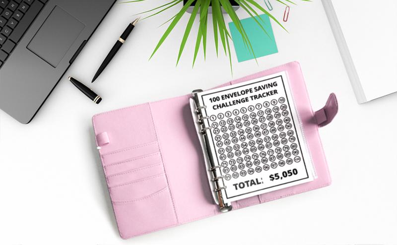 CLOUDSEA 100 Envelope Savings Challenge Binder A5 Size with Cute Stickers & Cash Envelopes for 100 Day Savings $5,050 Budgeting Planner Finance Checklist Organizer