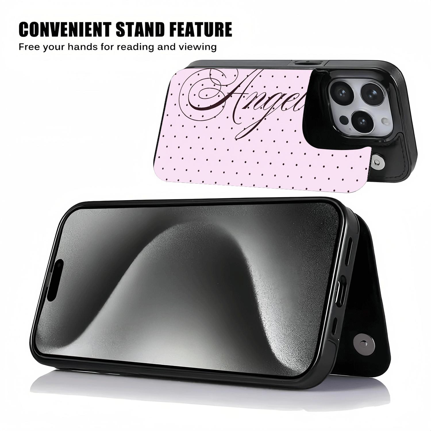 Pink Polka Dot Letter Card Holder Phone Case - Phone Accessory for iPhone 17-13 Series, Protective Cellphone Cover with Pocket for Bank & Transit Cards, Soft TPU Cover, Ideal Gift for Girls