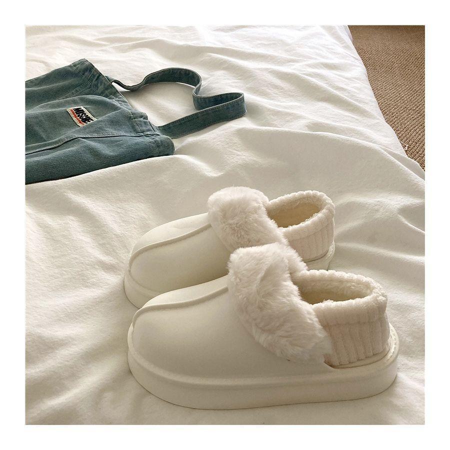 Crestar Winter Women Fuzzy Slippers New Outdoor Waterproof Cotton Shoes Warm Fluffy Home Slides Detachable Plush Cotton Slippers