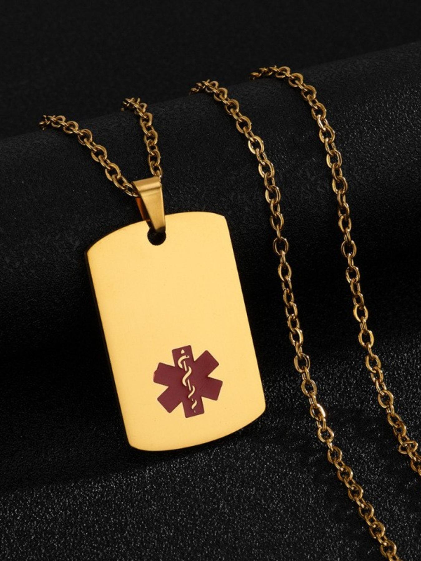 Medical Symbol Snake Staff Square Tag Dog Tag Pendant Titanium Steel Necklace, Elegant Medical Accessory Jewelry