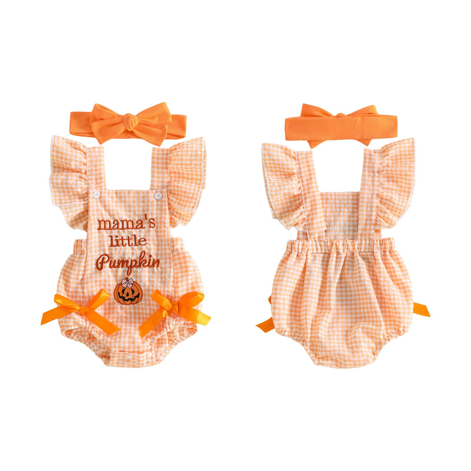 [Lullaby] Baby Girl Halloween Romper Set, Cotton Blend Plaid Print Jumpsuit with Embroidery (Pumpkin/Ghost), Flying Sleeves, Square Neck, Bow Headband - Prop 65 Safe Baby Girl Clothing