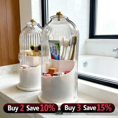 360° Rotating Bathroom Vanity Cosmetic Organizer - High-Quality ABS Classic Oval Caddy with 3-Slot/3-Compartment Storage, Dustproof Lid, for Toothbrushes, Cosmetic Brushes, Beauty Storage Solutions (Home Supply)