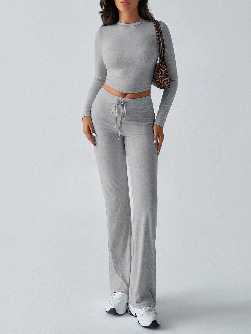 2026 Two Pieces Fall Women Clothes Y2K Sporty Casual Home Solid Color Fitted Long-Sleeved T-Shirt And Long Pants Set