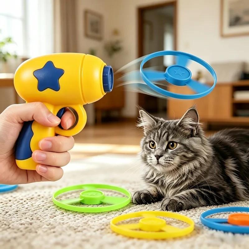 9Pcs Cat Fetch Toy Set Launcher Gun, Flying Disc Toy, Cat Track Toy for Cat Training Hunting Chasing Interactive Cat Toys for Bored Indoor, Cute Kitten Kitty Toys, Flying Propellers For Dog and Puppy Toy Pet Supplies, Cat Stuff Outdoorfun, Dog Stuff
