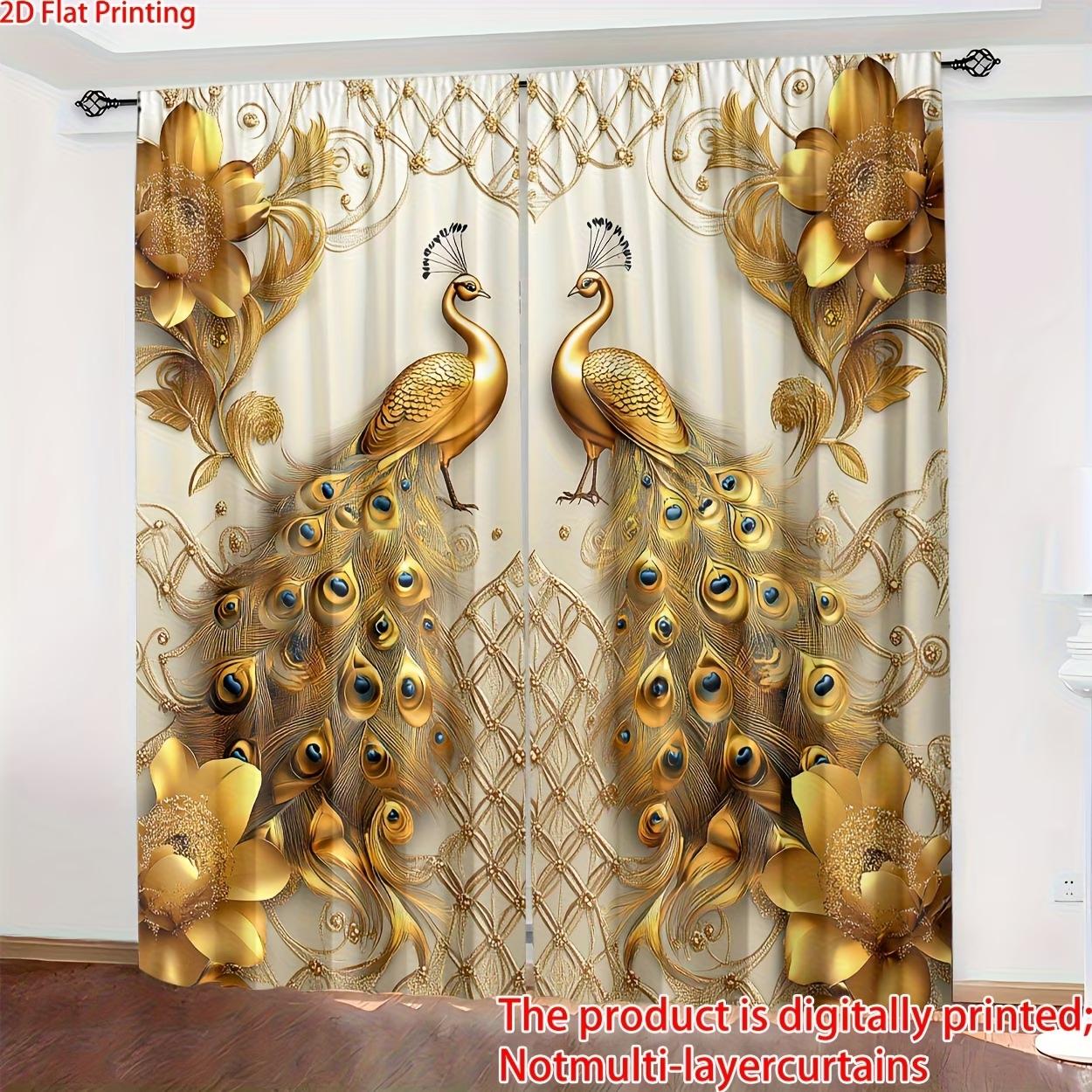 2 pieces, 2D flat printing, polyester material, digitally printed golden peacock pattern filtering curtains, suitable for bedroom, living room, office and home decoration, pole pocket design, suitable for hanging on poles