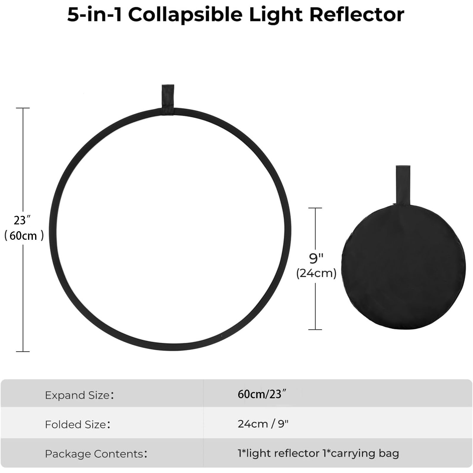 Light Reflector Light Diffuser 5 in 1 Collapsible Multi Disc with Bag - Translucent, Silver, Gold, White, and Black for Studio Photography Lighting and Outdoor Lighting, Photography Tool, 24 Inch/60cm