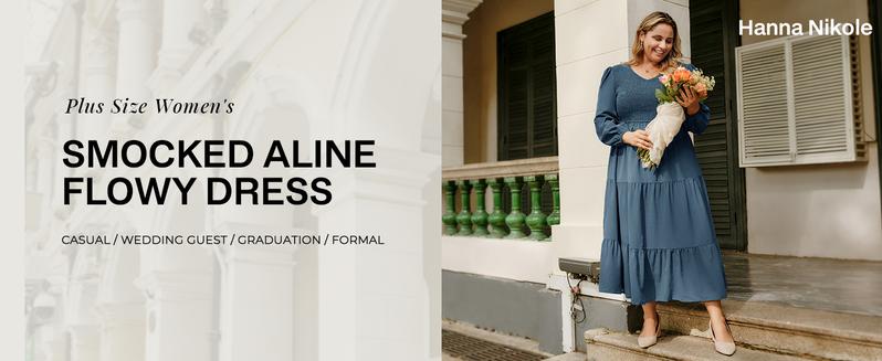 Hanna Nikole Women's Plus Size Dresses Long Sleeve V Neck Maxi Smocked Fall Casual Flowy Tiered Dress with Pockets