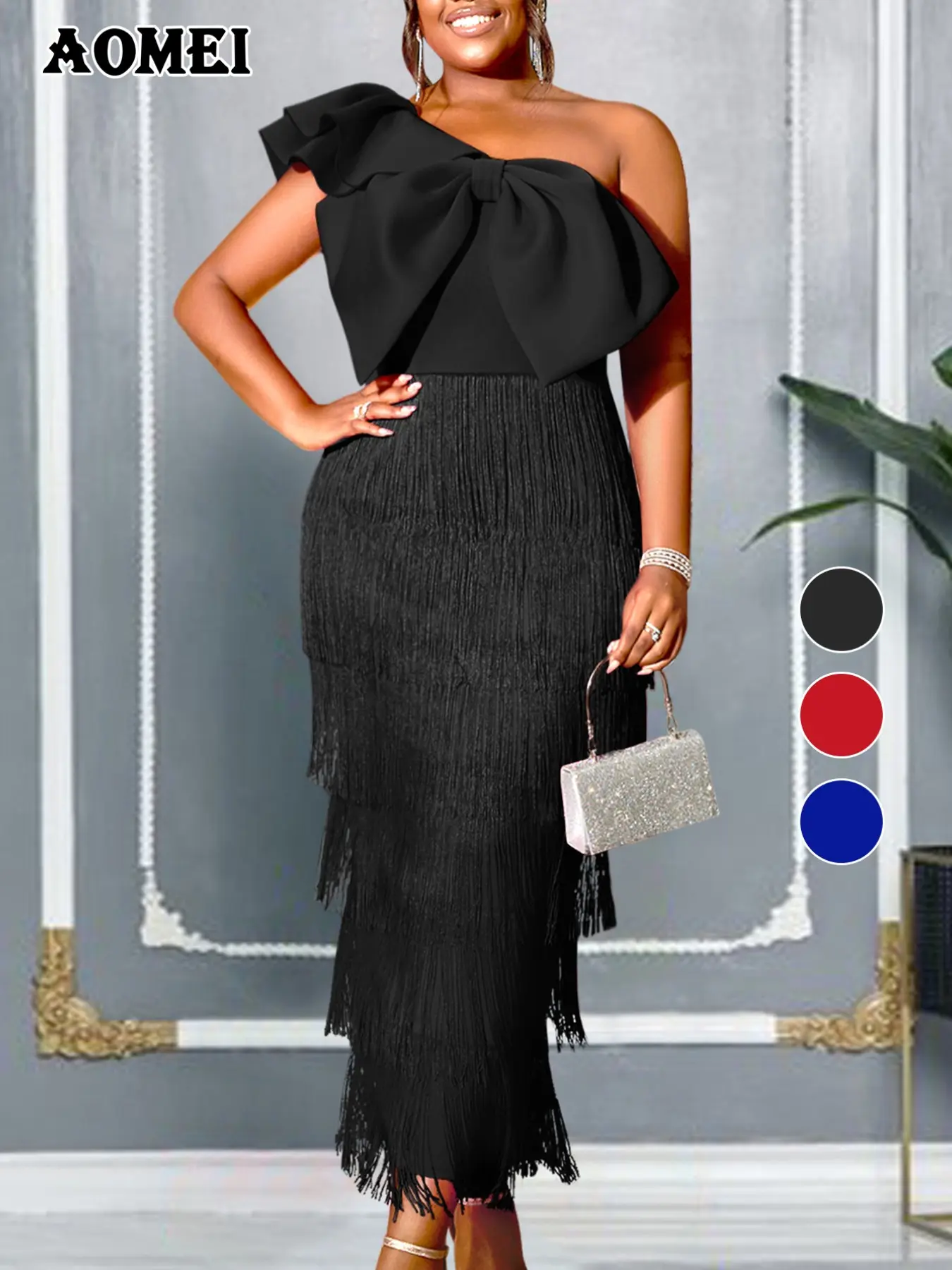 Plus Size One Shoulder Formal Evening Dress with Large Bow and Fringe Detail, Slim Fit Fashionable Party Gown, Evening Prom Gown for Women, Evening Party Dresses