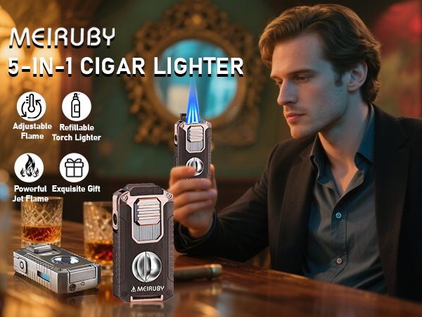 5-in-1 Butane Torch Lighter, Refillable Jet Flame Lighter with V-Cutter, Punch, Holder and Draw Tool, Multi-Functional Accessories Gift for Men, Dad, Husband, Friend 5-in-1 Butane Torch Lighter, Refillable Jet Flame Lighter with V-Cutter, Punch, Holder and Draw Tool, Multi-Functional Accessories Gift for Men, Dad, Husband, Friend