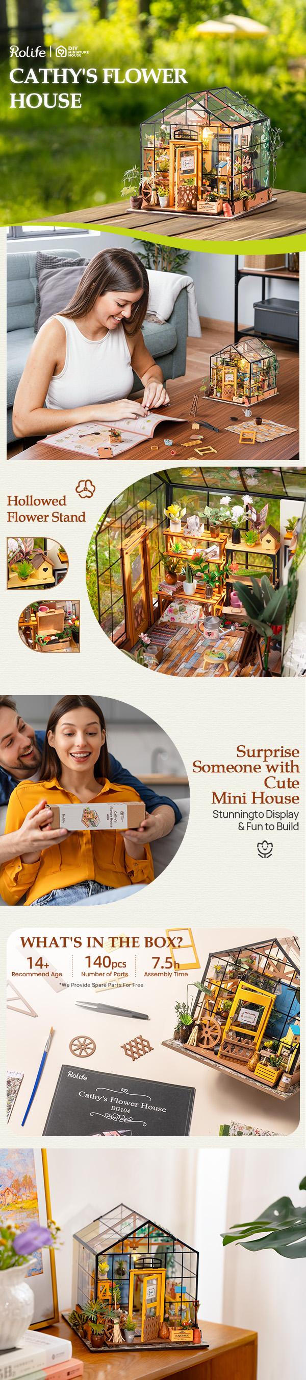 【 Christmas Gift】Rolife Cathy's Flower House DIY Dollhouse Wooden Miniature Furniture Kit Mini Green House with LED Best Birthday Gifts