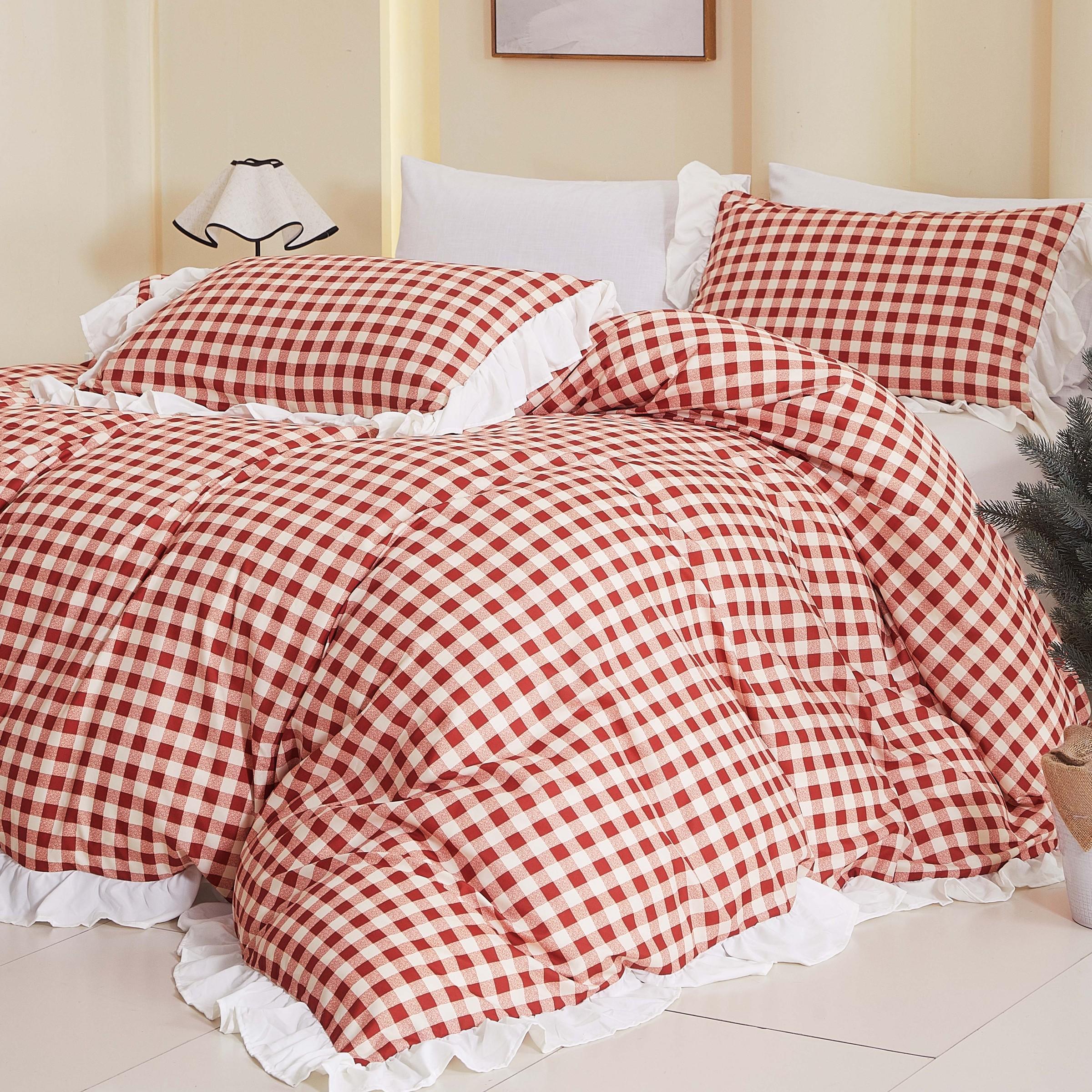 3Pcs Pink Orange Plaid Bedding Set with Ruffle Design, 1 Duvet Cover + 2 Pillowcases, No Filler, Soft Comfortable Fabric for Bedroom Decor