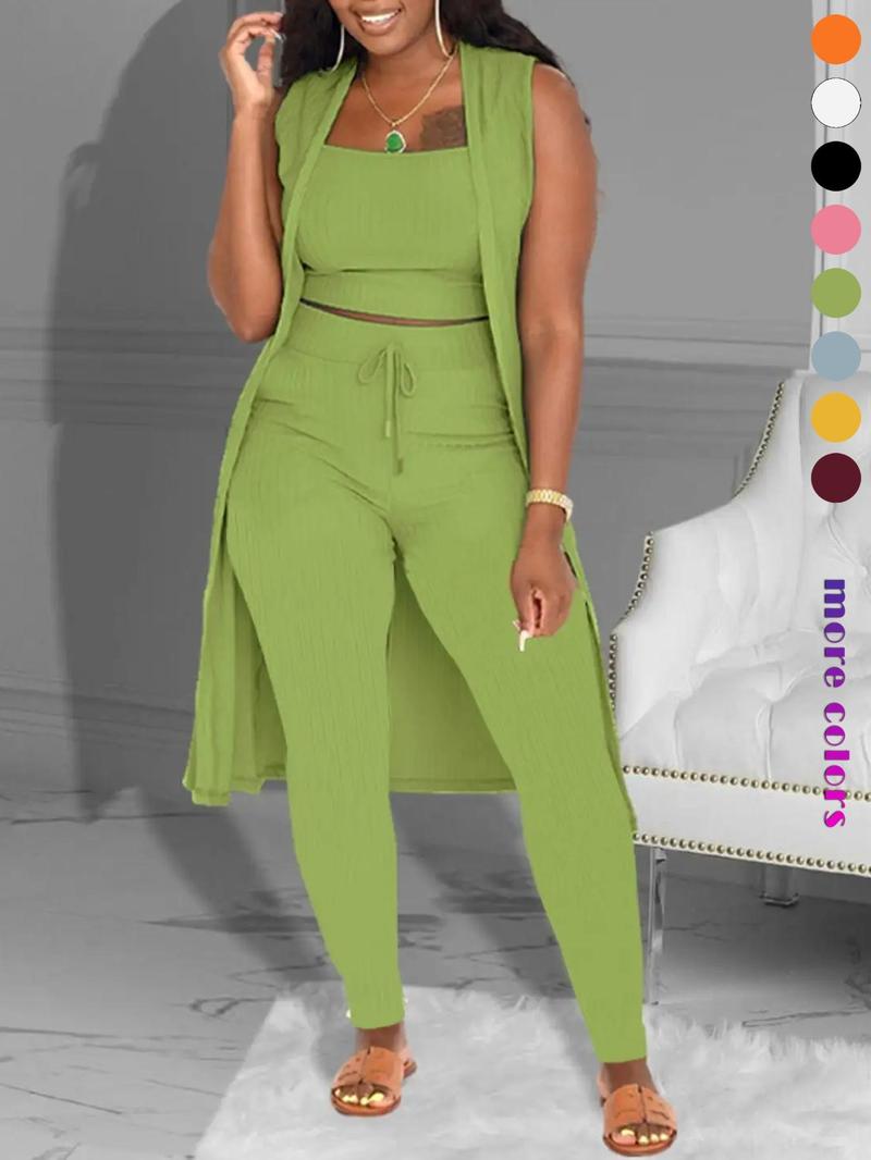 Three-Piece Set Women's Solid Crop Tank Top & Tie Front Pants & Open Front Outerwear Set, Casual Cropped Top & High Waist Trousers & Outerwear, Ladies Clothes for Daily Wear