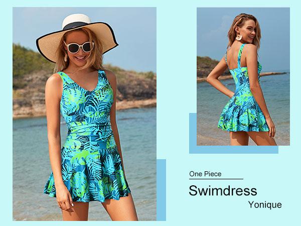 Yonique One Piece Swimsuits for Women Modest Tummy Control Swimdress Vintage Bathing Suits Skirt Swimwear