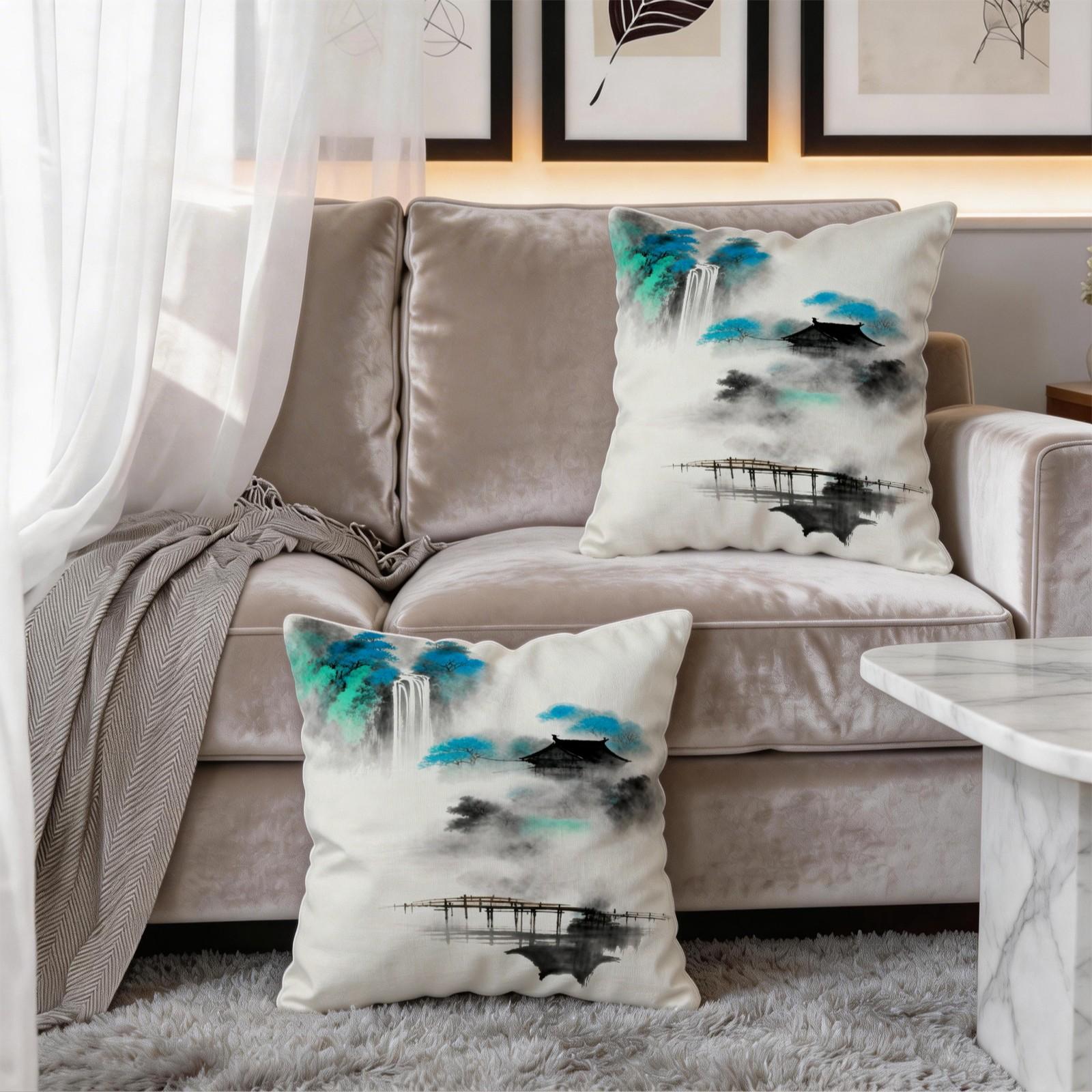 1 Pack 18×18 Inch Asian Ink Wash Landscape Throw Pillow, Mountain Scenery Print Decorative Accent Cushion, HD Digital Print Zippered Pillowcase, Non-Fade Home Decor Cushion for Sofa, Bed, Living Room, Bedroom