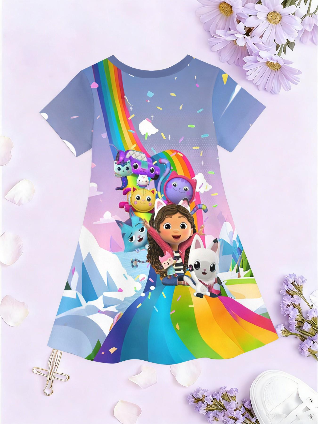 Girls' Gabby Doll House Ice Rainbow A-Line Dress, Cute Cartoon Short Sleeve Dress, Fashion Outdoor Wear, Birthday Gift, Holiday Gift