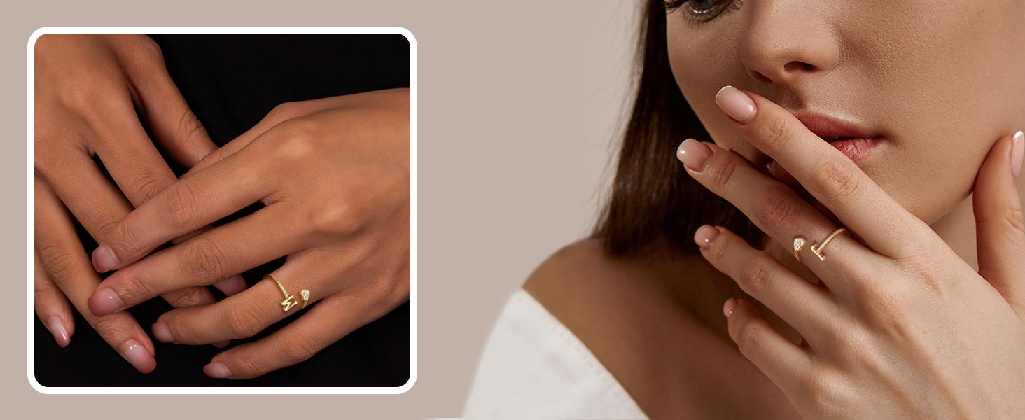 MILACOLATO 925 Sterling Silver Heart Initial Rings for Women  Stackable Ring Adjustable Initial Rings for Teen s Cute Heart Alphabet Letter Rings, Letter A-Z SpringStatements