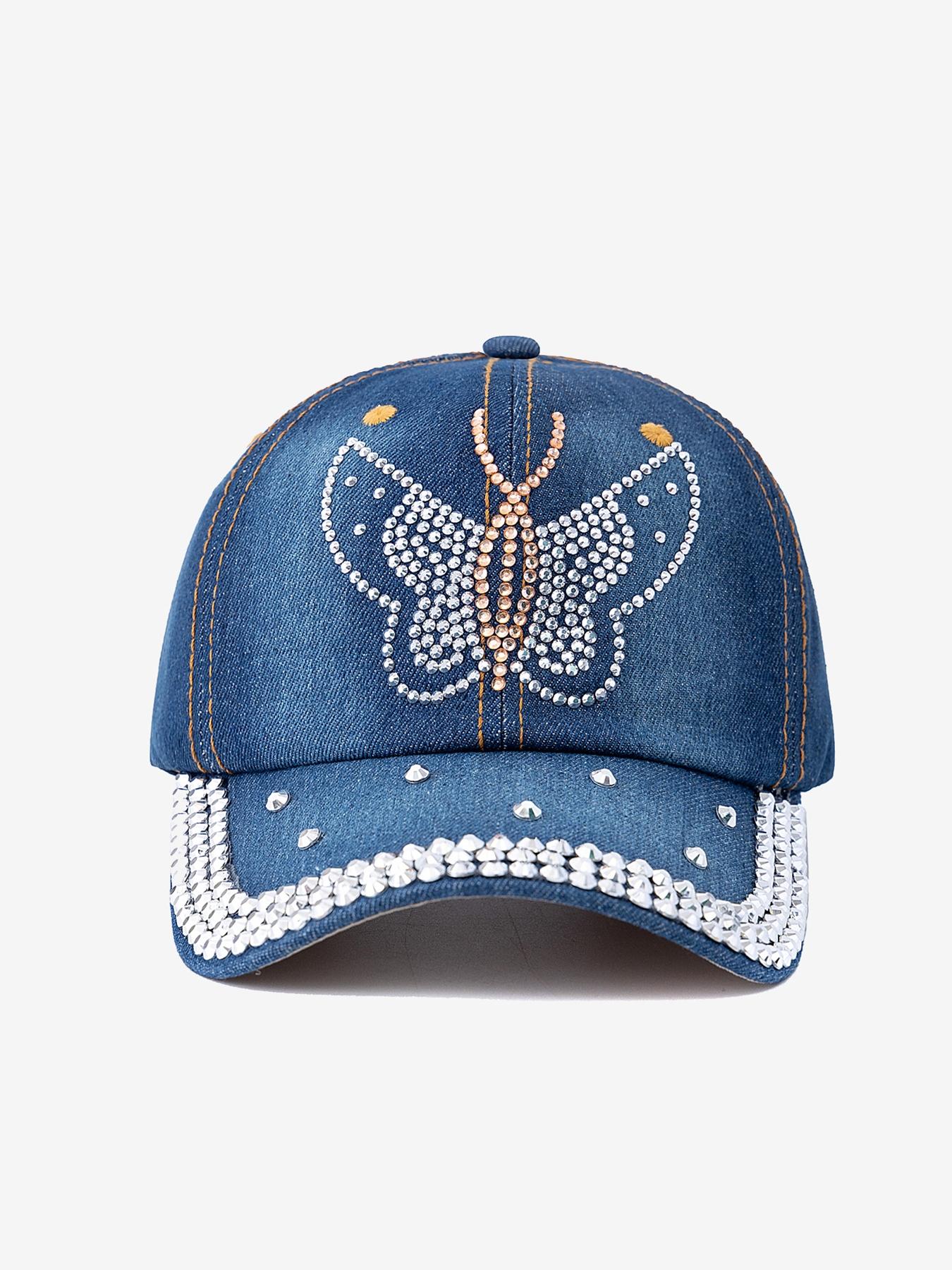 Women's Butterfly Decorative Jeans Baseball Hat, Fashionable Rhinestone Butterfly Cap, Adjustable Strap for Daily Wear, Summer Outdoor Style