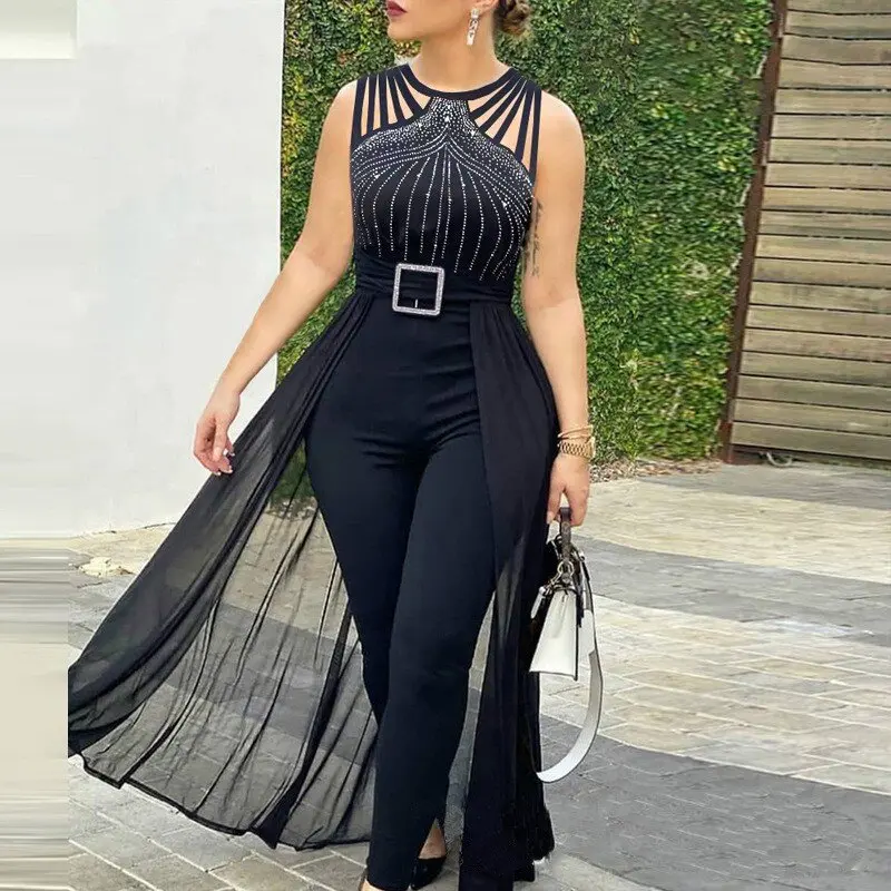 Women’s Black Sleeveless Jumpsuit, Rhinestone Lace Up Waist Mesh Wide Leg Romper, Elegant Evening Party Outfit