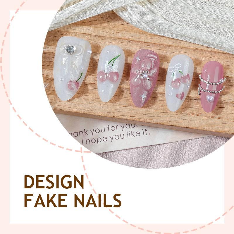 Pastel Pink Cherry & Bow Cat Eye Press On Nails, 3D Epoxy Love Heart, Low Saturation Nude Tone, Sweet Gentle Fresh Style, Pearl Chain & Rhinestone Bling Luxury Wearable False Nails