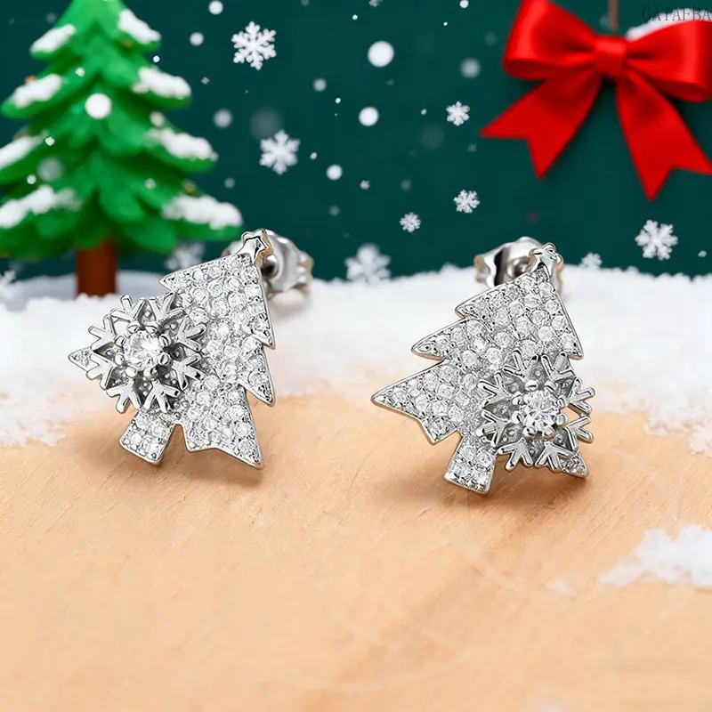 Shiny Tree Shape Christmas Stud Earrings with Sparkling Stones, Romantic Look Unisex Wear Winter Jewelry