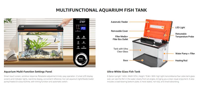 Christmas Gifts hygger 6 Gallon Smart Aquarium Starter Kit, Glass Fish Tank with Auto On/Off 24/7 Mode Light,Heater,Water Pump,Filter Media,Auto Feeder,Water Changer,Cleaning Gloves,Fish Net,Local Time/Timing Set