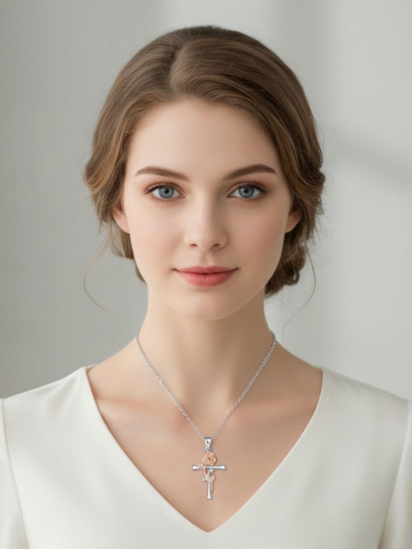 Blazing Rose Vow · Silver Rose Premium and stylish rose & cross necklace, elegant and fashionable.Paired with a surprise double-door preserved rose jewelry gift box.Ideal gift for birthdays, Mother’s Day and Valentine’s Day.